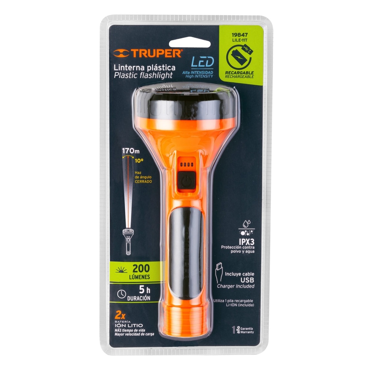 Linterna Plastica Recargable 200lm TRUPER