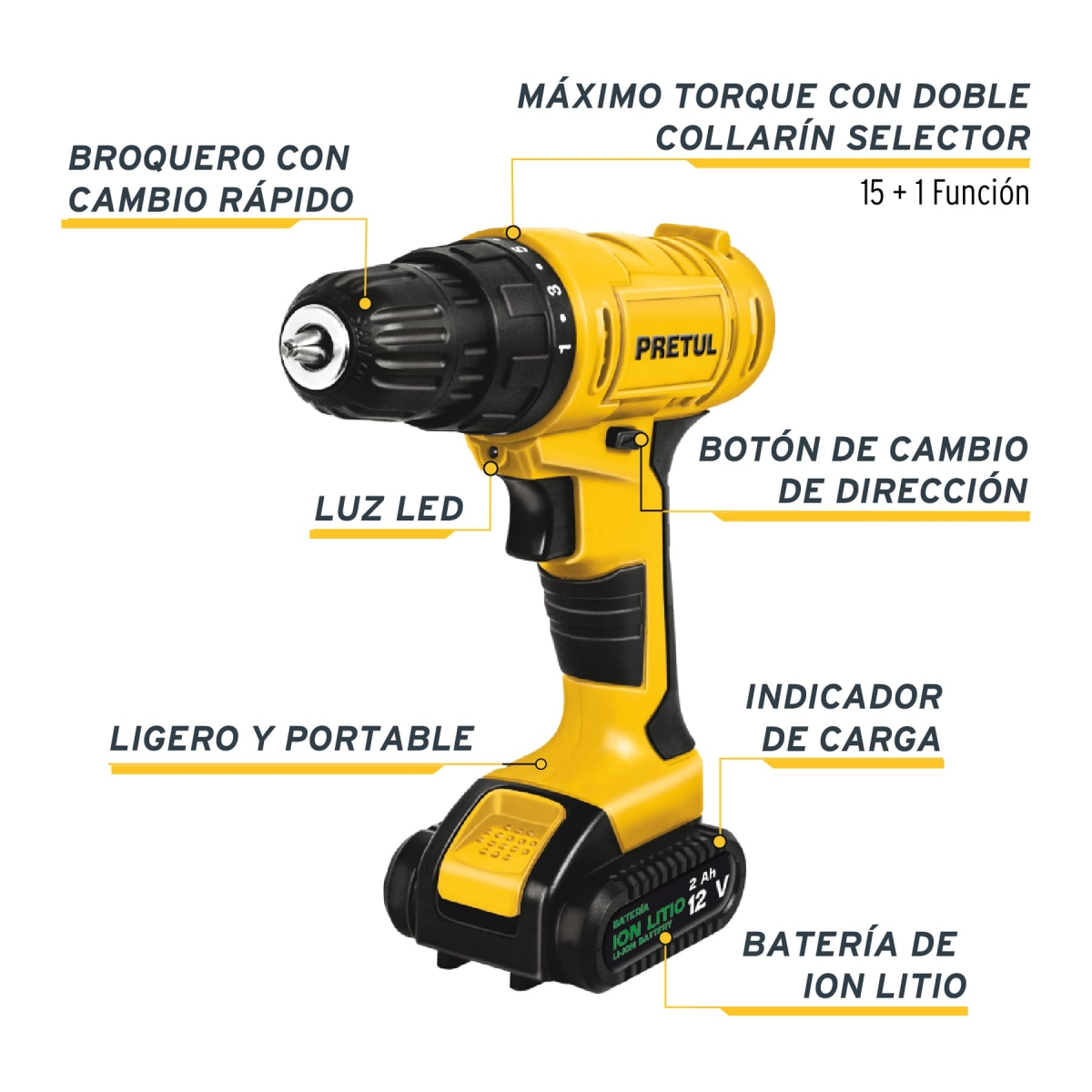 Taladro Percutor 3/8" 12V PRETUL