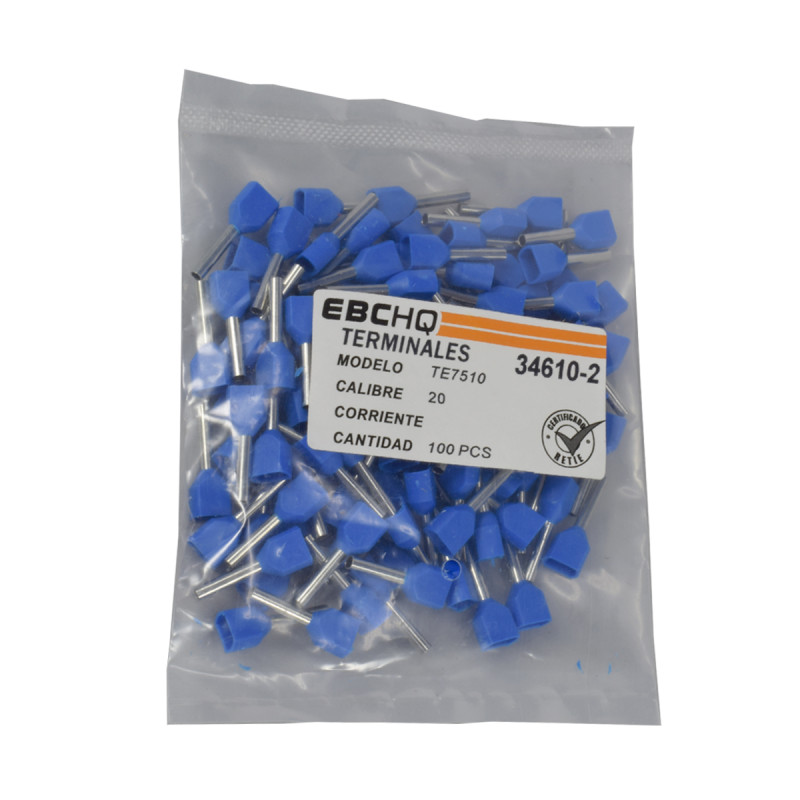 Terminal Pin Hueco Doble Azul 20AWG X 1 Paquete De 100 Unid - Imagen 2