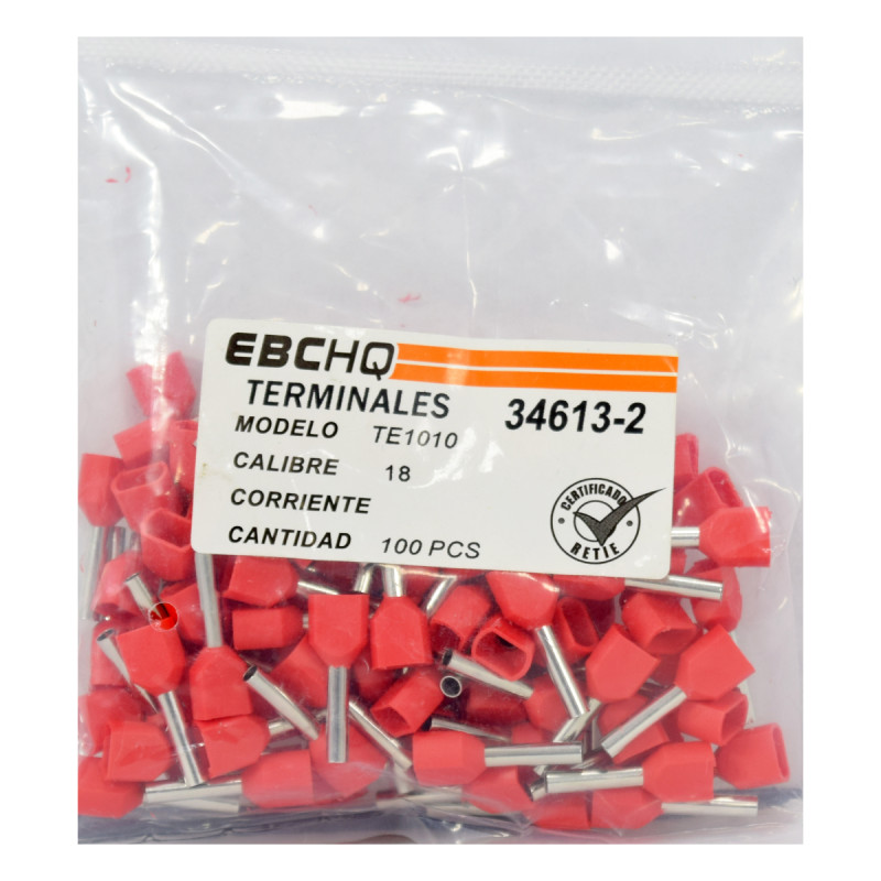 Terminal Pin Hueco Doble Rojo 18AWG X 1 Paquete De 100 Unid - Imagen 2