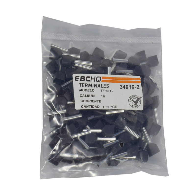Terminal Pin Hueco Doble Negro 16AWG X 1 Paquete De 100 Unid - Imagen 2