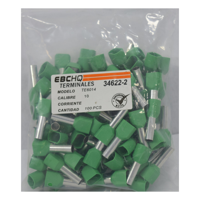 Terminal Pin Hueco Doble Verde 10AWG X 1 Paquete De 100 Unid - Imagen 2