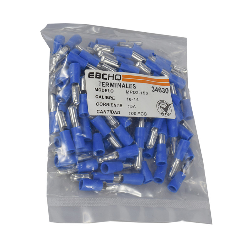 Terminal Aislada Bala Macho 16 - 14 AWG Azul X 1 Paquete De 100 Unid | EBCHQ - Imagen 2
